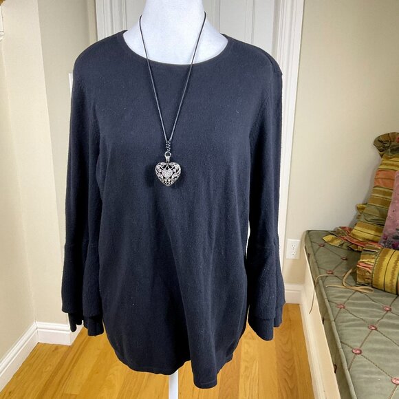Chico’s Sweater Cotton Blend Round Neck Flare Cuff Black Ribbed (L) - Picture 1 of 6